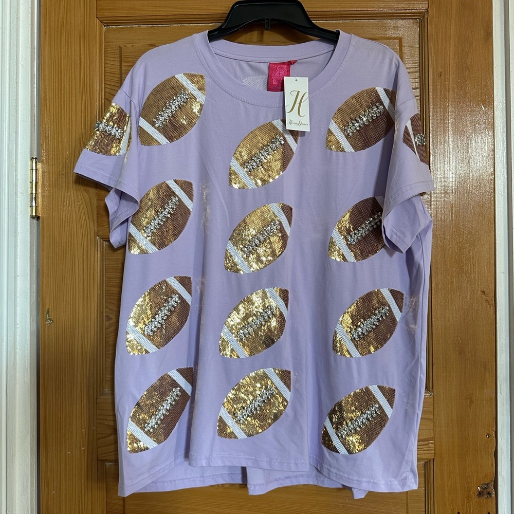QUEEN OF SPARKLES Purple and Gold Short Sleeve Football Tee